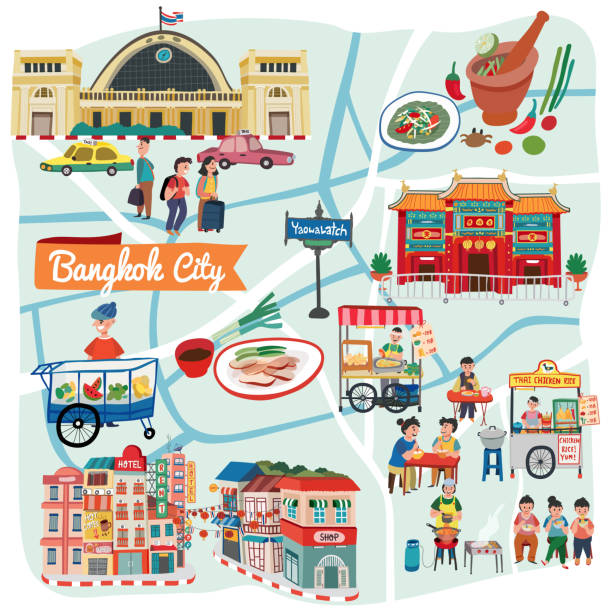 bangkok map 2 Bangkok city  map landmark concept with local districts , foods, and culture , Thailand, vector. street food stock illustrations