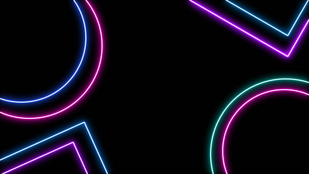 istock Abstract Retro Sci-Fi Neon bright lens flare colored on black background. Laser show colorful design for banners advertising technologies. Retro style of the 80s 1200326035