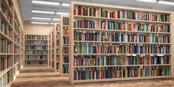 Library. Bookshelves with books and textbooks. Learning and education concept. 3d illustration