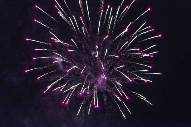 istock Pink bright fireworks against the dark sky. 1200327040