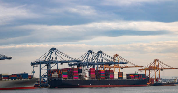 istock Logistics and container loading by large barges by sea in a harbor full of containers waiting to be transported 1200327717