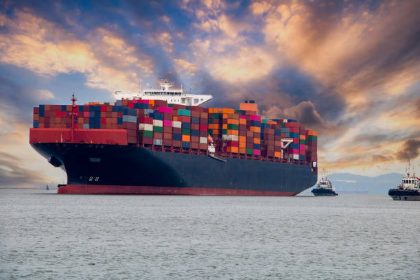 istock Logistics and container loading by large barges by sea in a harbor full of containers waiting to be transported 1200327733