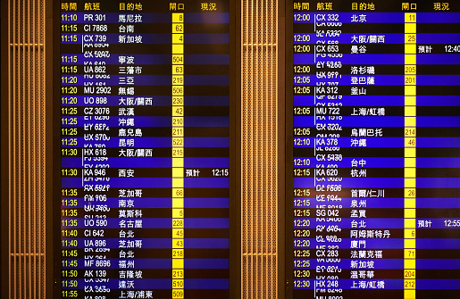 Close-up of a Hongkong airport departure information electronic display shown in chinese language