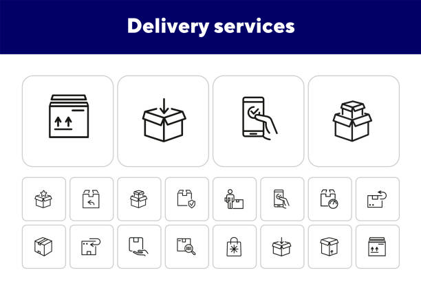 Delivery services line icon set Delivery services line icon set. Carton box, package, order. Delivery concept. Vector illsutration can be used for topics like post office, online shopping, logistic order stock illustrations