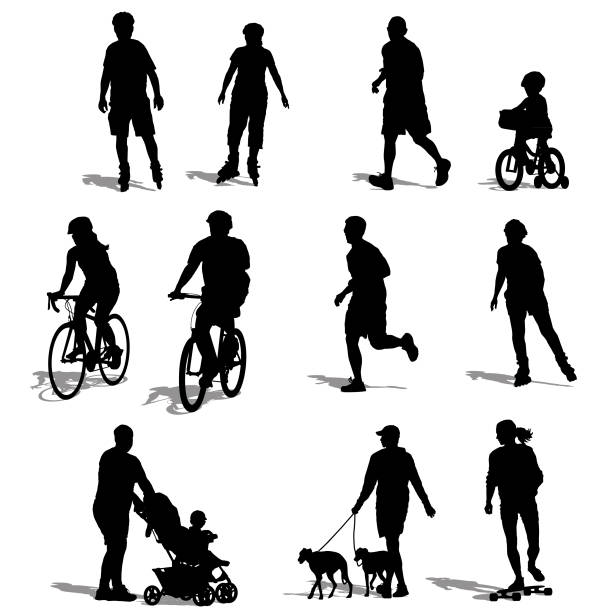 Silhouettes of People Exercising vector art illustration