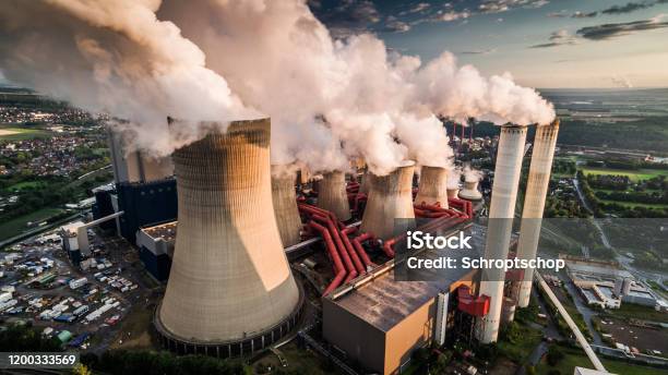 Aerial View Of A Power Station Stock Photo - Download Image Now - Greenhouse Gas, Coal, Fumes