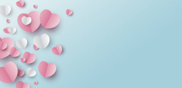 ilustraciones, imágenes clip art, dibujos animados e iconos de stock de diseño de banner del día de san valentín de corazones de papel sobre fondo azul con ilustración vectorial de espacio de copia - valentines day