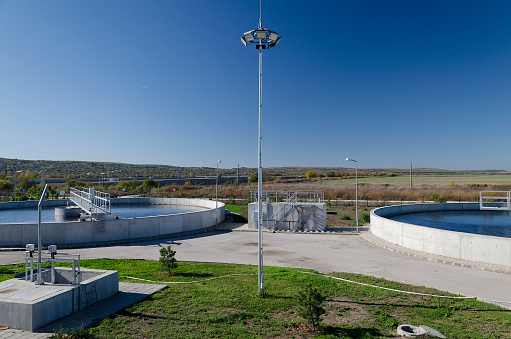 View to sewage treatment plant - water recycling. Waste management.
