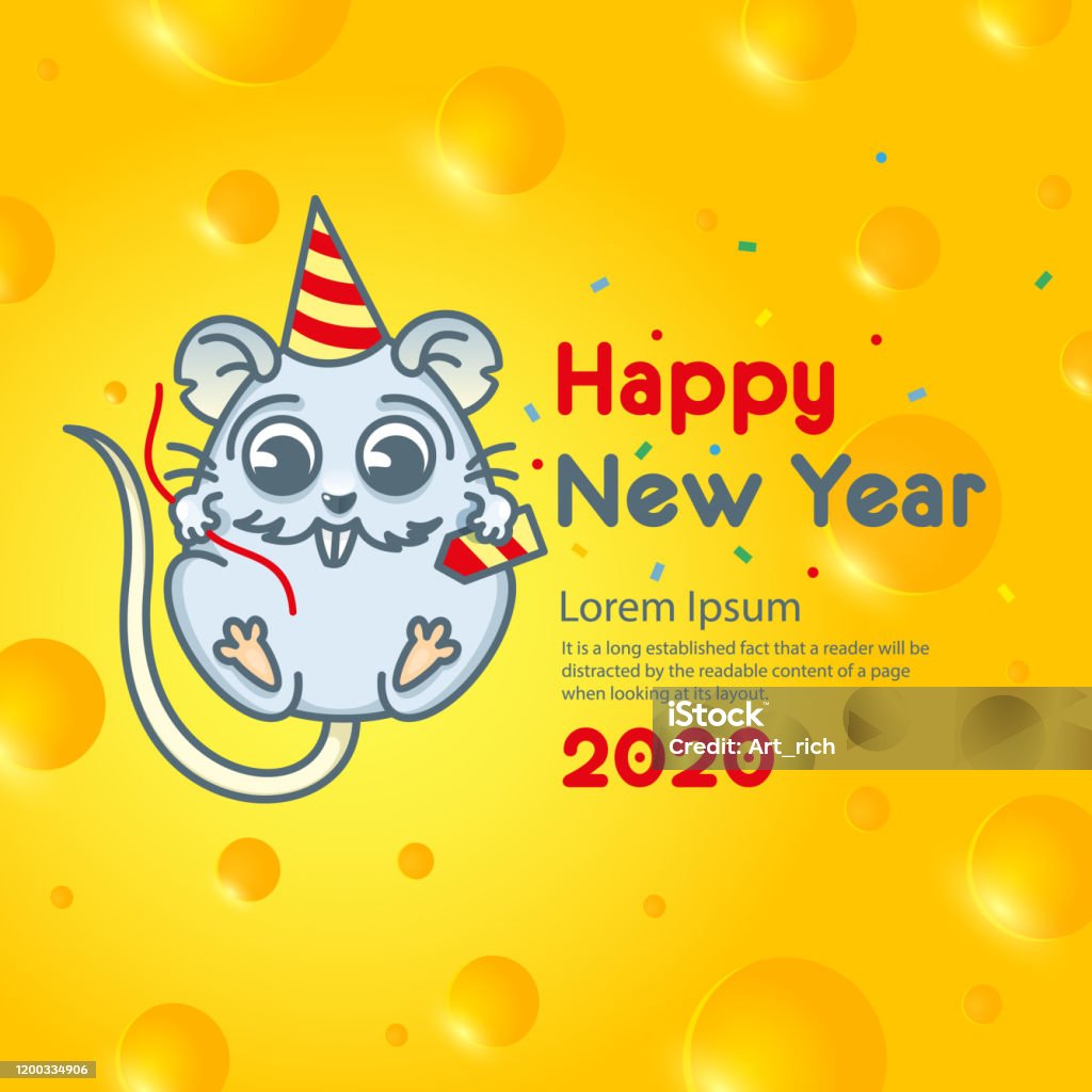 Colorful Banner Happy New Year 2020 On A Cheese Background Cartoon ...
