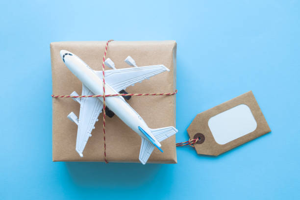 istock Cardboard delivery box with copy space label and small airplane abstract on blue. 1200338045