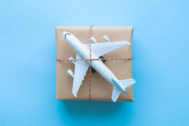 istock Flat lay of wrapped package with airplane model on pastel blue background. Shipping logistics transport minimal creative concept. 1200338082