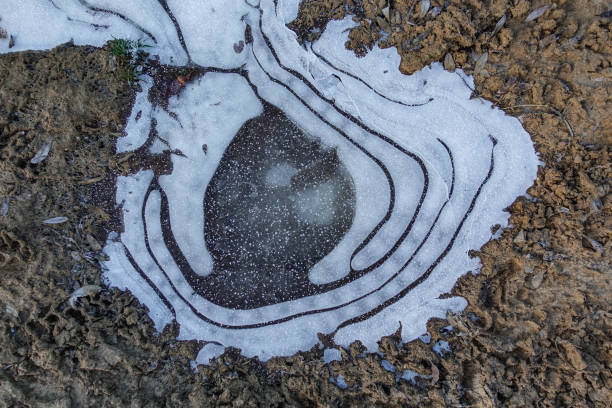 istock Frozen puddle background texture, ice on the road. 1200338307