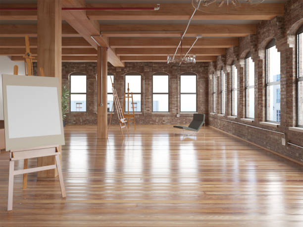 istock 3d rendering of new large wooden loft interior with mock-up pattern 1200339459