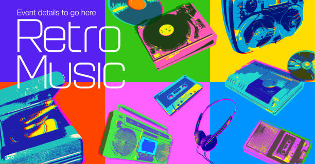 retro ikony muzyki - plakat - record turntable disc jockey pop art stock illustrations