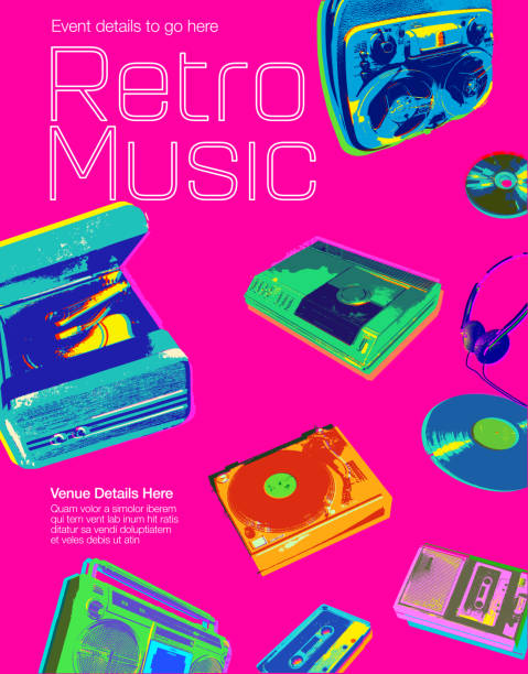 Retro Music Icons - Poster Posterised or Pop Art styled Retro Record Players, CD players, Tape recorders, Cassette Players, Vinyl Records, Compact discs cd player stock illustrations