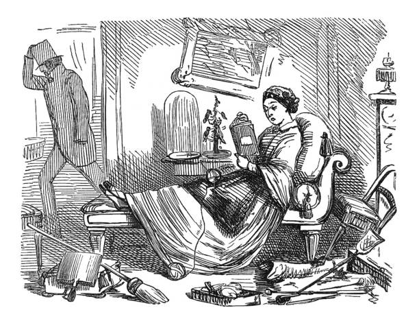 British satire comic cartoon caricatures illustrations - Woman sitting on a lounge change reading a book with house cleaning tools next to her From Punch's Almanack punch puppet stock illustrations