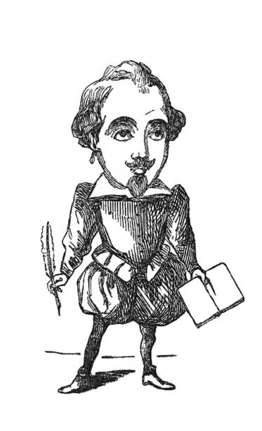 British satire comic cartoon caricatures illustrations - William Shakespeare standing with pen and book vector art illustration