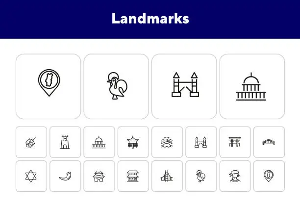 Vector illustration of Landmarks line icon set. Venice, tower bridge