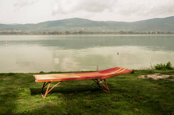 Deck chairs with view of Lake Bled, Slovenia.