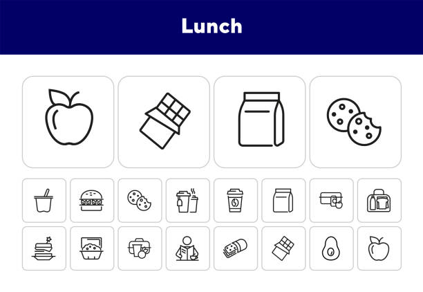 Lunch line icon set Lunch line icon set. Vegan burger, drink, fruit, bag, pack. Food concept. Can be used for topics like snack, lunch box, eating, school lunch icons stock illustrations