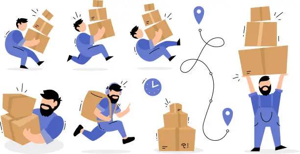 Vector illustration of Vector set of creative illustration of delivery man in blue color uniform with box parcel in different poses on white background.