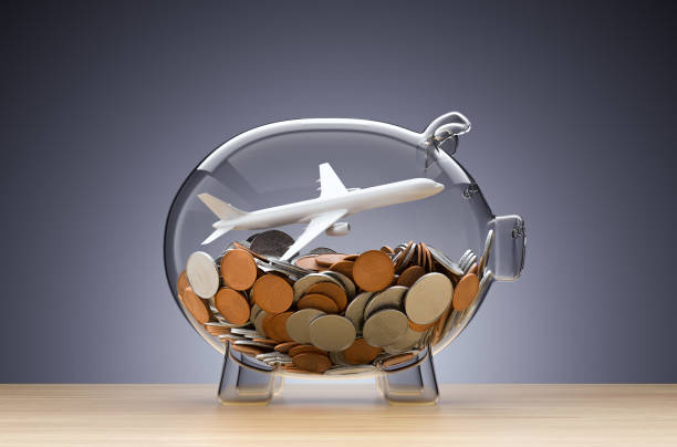 Travel Savings Airplane, Vacations, Piggy Bank, Savings, Travel cash in transit vehicle stock pictures, royalty-free photos & images