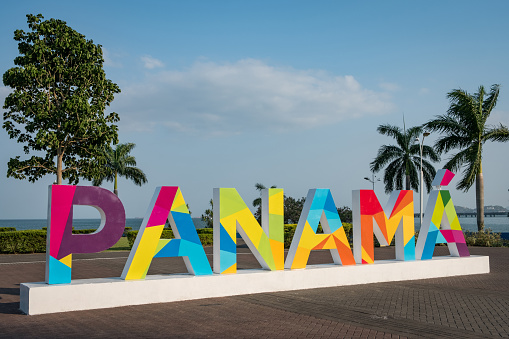 Panama City, Panama - March 2018: The Panama sign on the Cinta Costera Way, a popular photographic landmark for tourists in Panama City.