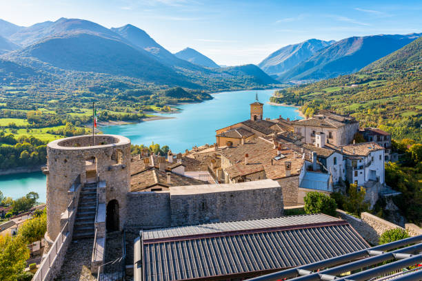Panoramic view in Barrea, province of L'Aquila in the Abruzzo region of Italy. stock photo