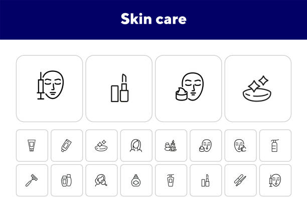 Skin care line icon set Skin care line icon set. Injection, lipstick, manicure. Beautician concept. Can be used for topics like beauty salon, makeup, cosmetology botox bottle stock illustrations