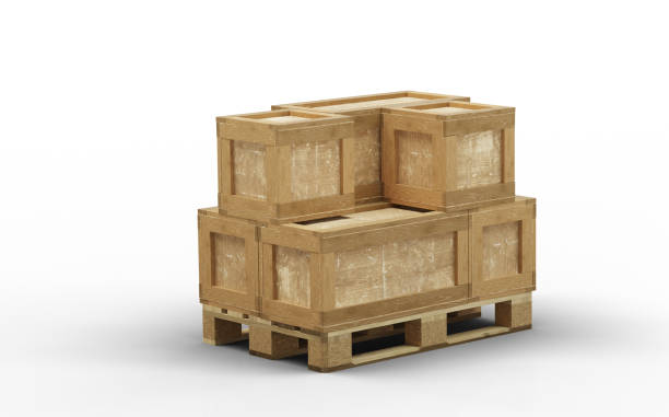 istock Wood pallet loaded with some Transport box in different size 1200359873