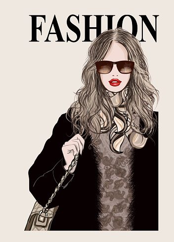 Young stylish woman model wearing warm coat and handbag walking in the city street in cold season - vector illustration (Ideal for printing on fabric or paper, poster or wallpaper, house decoration)