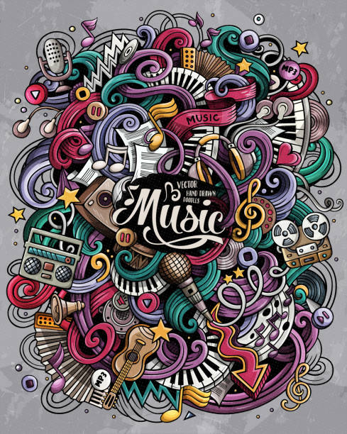 Music hand drawn vector doodles illustration. Musical poster design Music hand drawn vector doodles illustration. Musical poster design. Sound elements and objects cartoon background. Bright colors funny picture. All items are separated bass guitar wallpaper stock illustrations