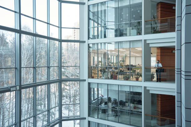 Interior of contemporary multi-floor business center with large windows Interior of contemporary multi-floor business center with large windows and many offices in front of them office building stock pictures, royalty-free photos & images