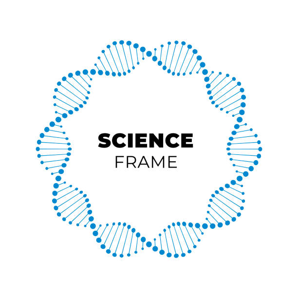 ベクター科学dnaフラットバナーテンプレート。白い背景に分離されたテキストホルダーの周りの青い原子スパイラルフレーム。ウェブ、プレゼンテーション、バナー、ポスターのためのデザ� - medical research science education white点のイラスト素材／クリップアート素材／マンガ素材／アイコン素材