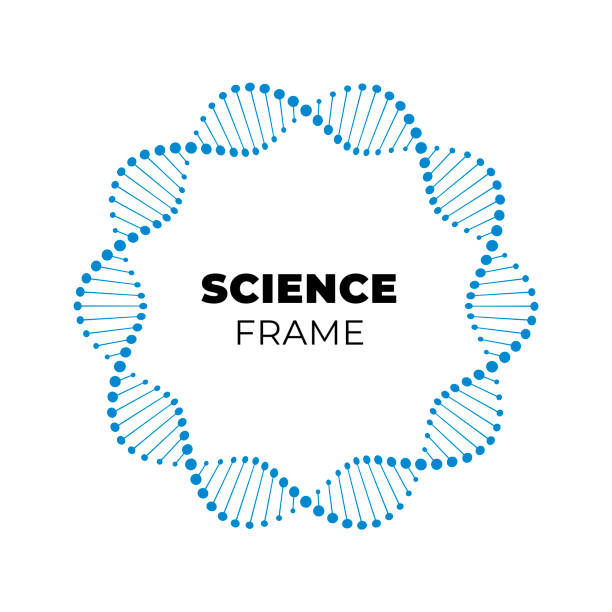 Vector science DNA flat banner template. Blue atom spiral frame around text holder isolated on white background. Design for web, presentation, banner, poster. vector art illustration