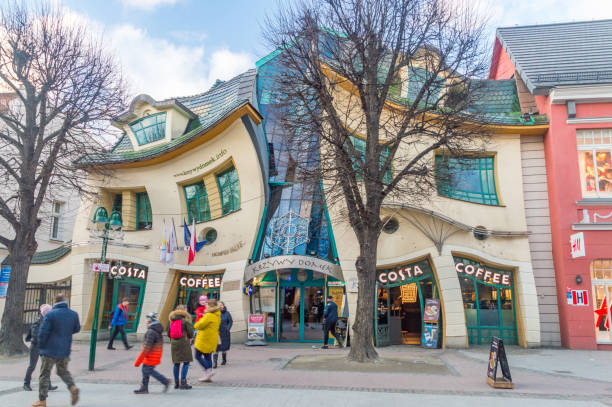 Famous building Crooked House in Sopot at Heroes of Monte Cassino street. stock photo