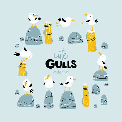 Sea gulls set. Childish vector illustration in cartoon Scandinavian style. Birds on the beach, on stones, on fishing poles.