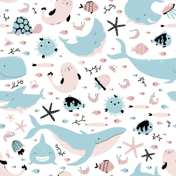 Vector illustration of Sea animals and fish. Vector seamless pattern in simple cartoon hand-drawn style. Childish Scandinavian illustration is ideal for printing on textiles, fabrics, clothes, wrapping paper