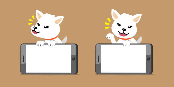 istock Vector cartoon character white dog and big smartphone 1200374267