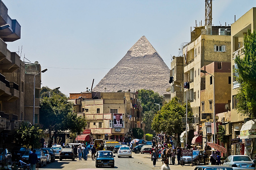 Cairo, Egypt - September 2: Cairo street with views of the pyramid September 2, 2014 in Cairo, Egypt