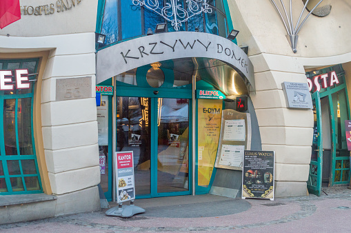 Sopot, Poland - January 16, 2020: Entrance to crooked house at Heroes of Monte Cassino Street.