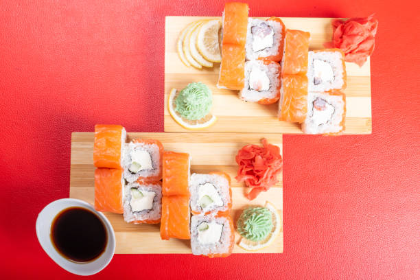 istock Philadelphia roll with various fillings. with ginger and wasabi. 1200376805