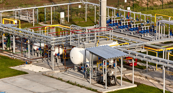 Gas industry. Pipeline and tank system. Tanks for storing liquefied gas and gas condensate at a gas production and processing plant.