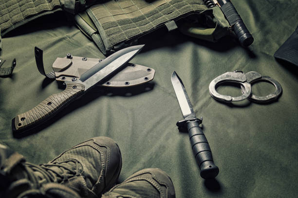 istock Military equipment or special agent gear concept flat lay background with copy space. 1200379976