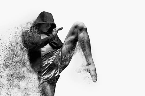 リングのタイのボクサーは膝で打つ。スポーツ、ジム、ボクシングクラブのコンセプト。 - muay thai ストックフォトと画像