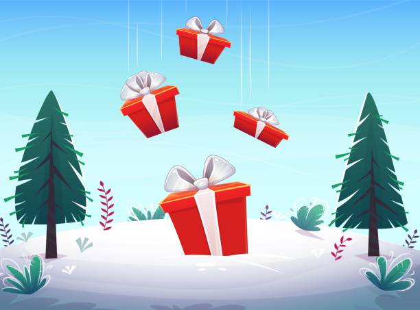 istock red boxes gifts pour in fall from the sky b background winter snow glade with fly clouds lue sky and fir trees , cartoon style vector illustration 1200382551