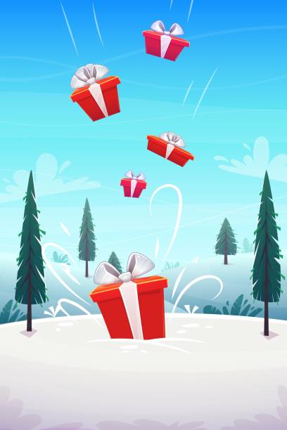 istock red boxes gifts pour in fall from the sky b background winter snow glade with fly clouds lue sky and fir trees , cartoon style vector illustration 1200382945