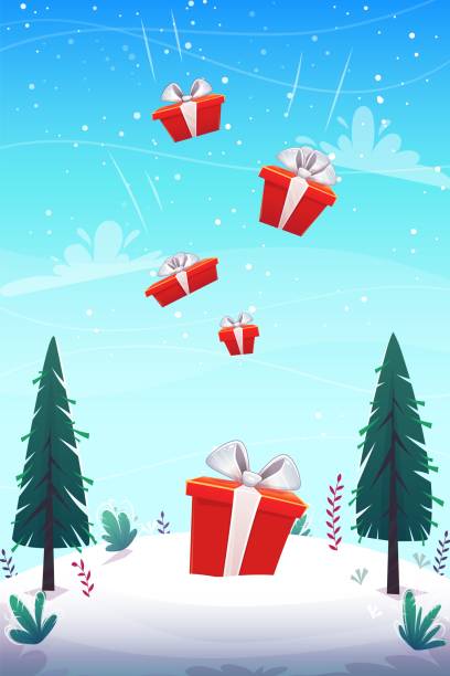 istock red boxes gifts pour in fall from the sky b background winter snow glade with fly clouds lue sky and fir trees , cartoon style vector illustration 1200382955