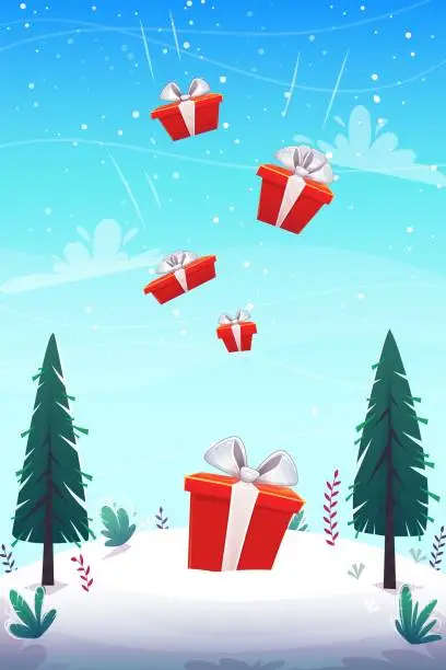 Vector illustration of red boxes gifts pour in fall from the sky b background winter snow glade with fly clouds lue sky and fir trees , cartoon style vector illustration