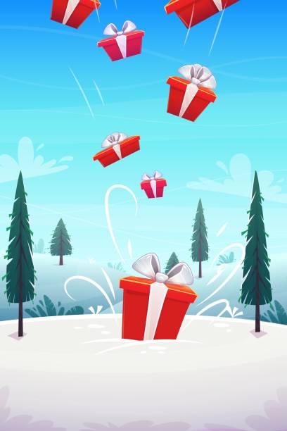 istock red boxes gifts pour in fall from the sky b background winter snow glade with fly clouds lue sky and fir trees , cartoon style vector illustration 1200382957